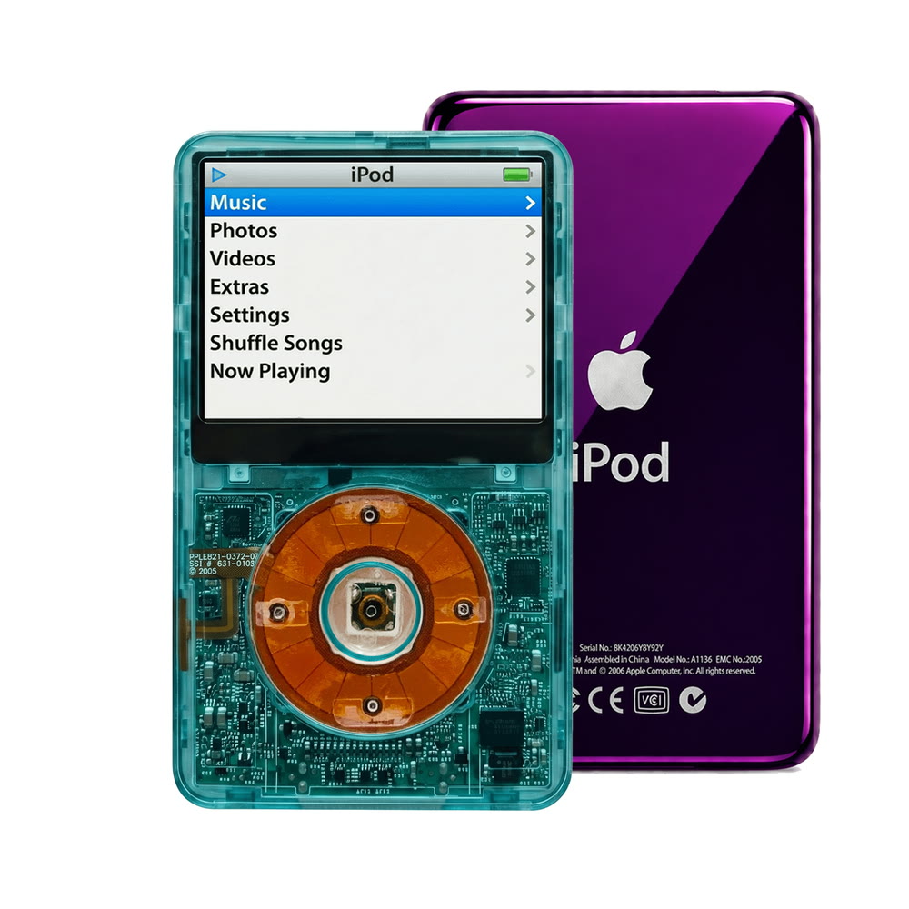 Clear Blue refurbished iPod Video 5.5 Gen with Clear click wheel and Purple back plate