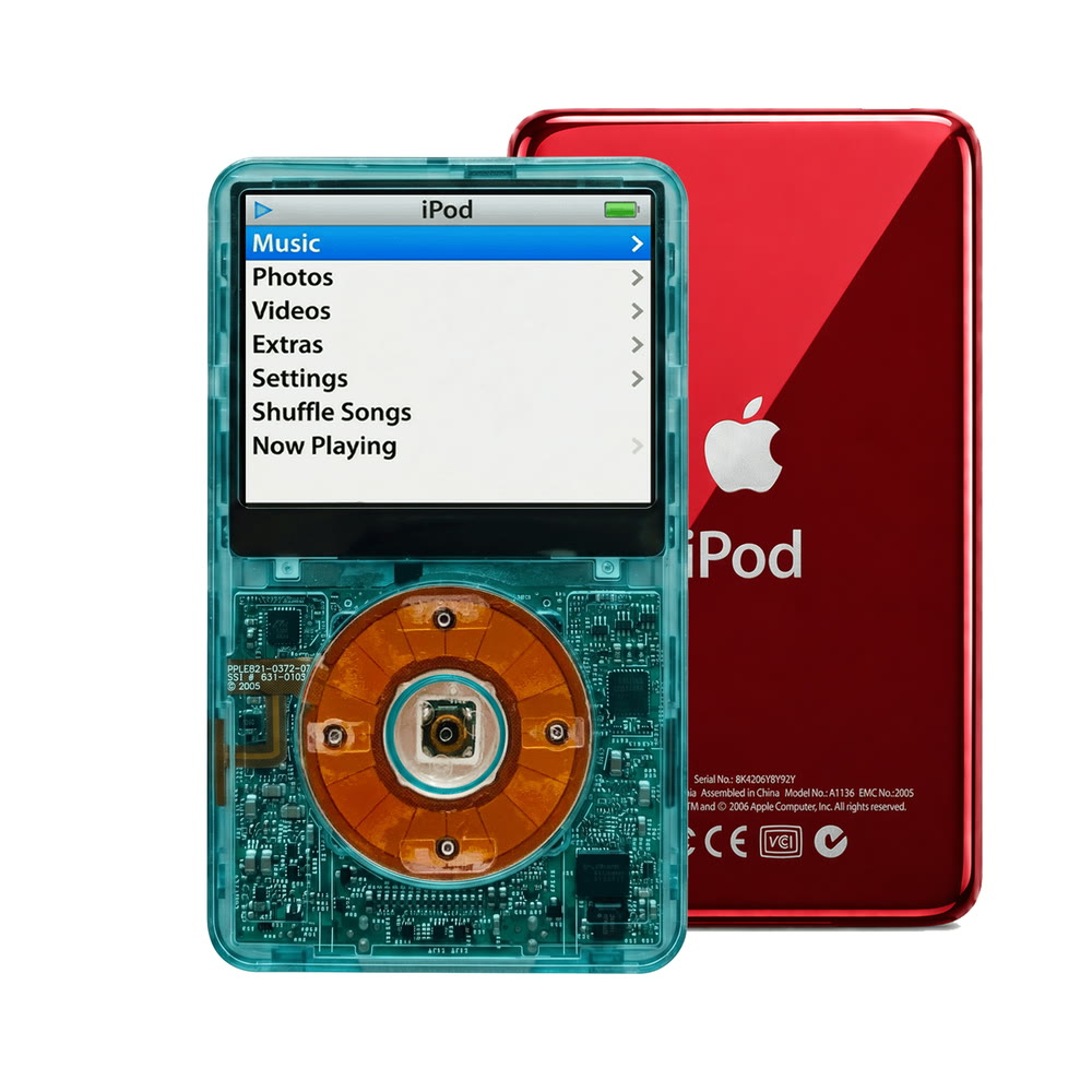 Clear Blue refurbished iPod Video 5.5 Gen with Clear click wheel and Red back plate