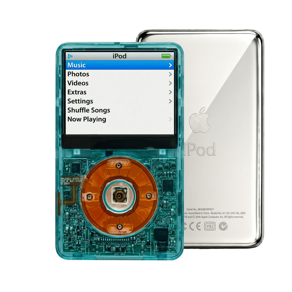 Clear Blue refurbished iPod Video 5.5 Gen with Clear click wheel and Silver back plate