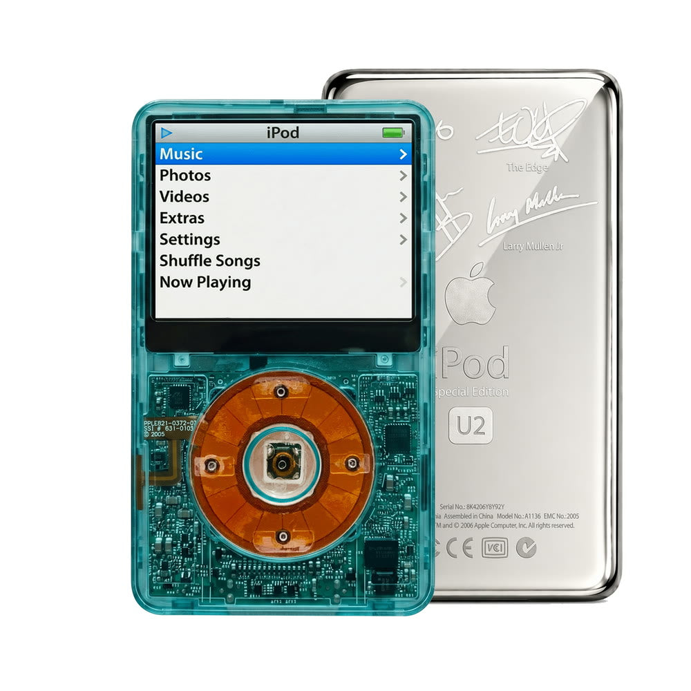 Clear Blue refurbished iPod Video 5.5 Gen with Clear click wheel and Silver U2 back plate