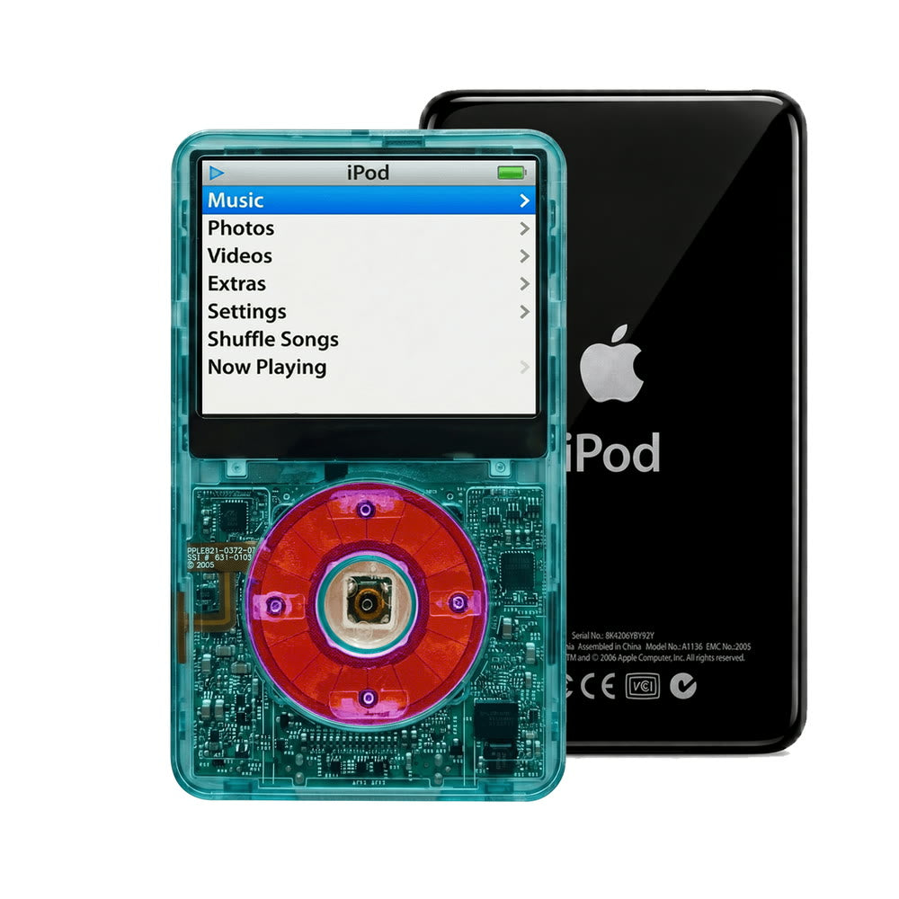 Clear Blue refurbished iPod Video 5.5 Gen with Clear Purple click wheel and Black back plate