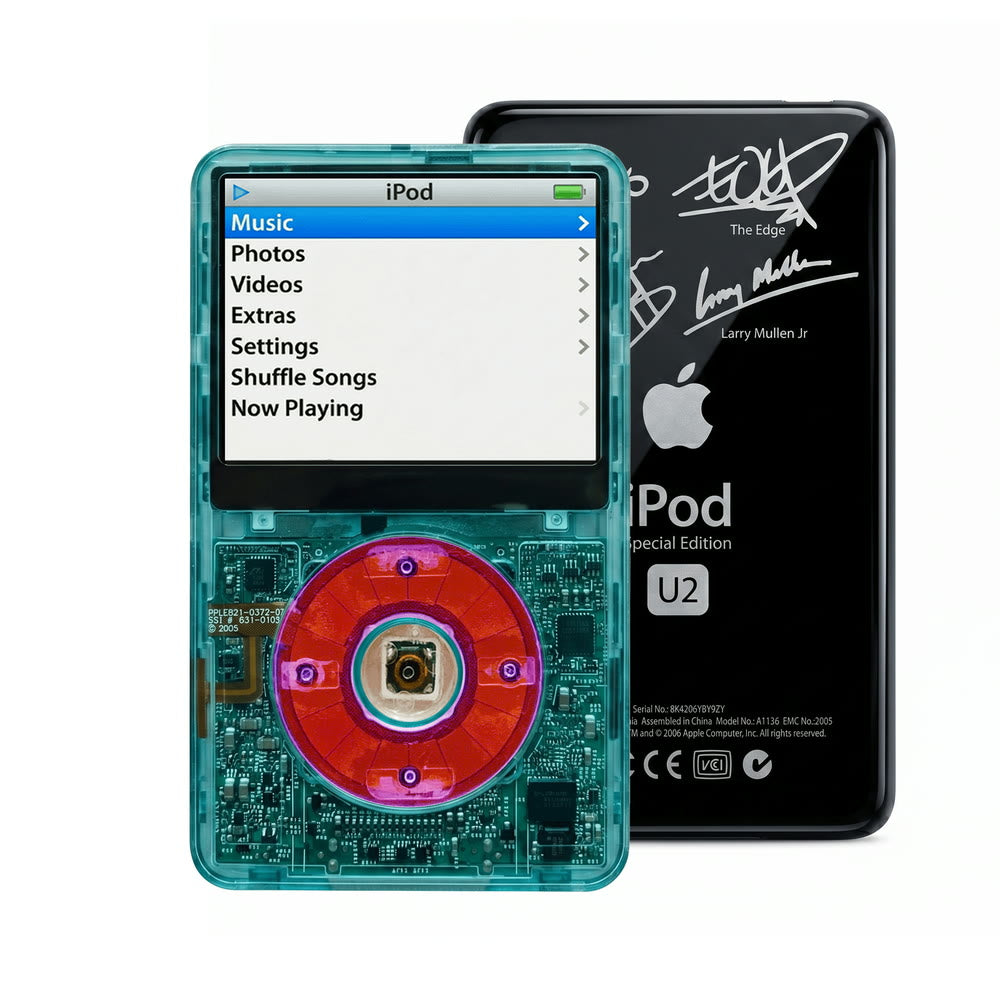 Clear Blue refurbished iPod Video 5.5 Gen with Clear Purple click wheel and Black U2 back plate