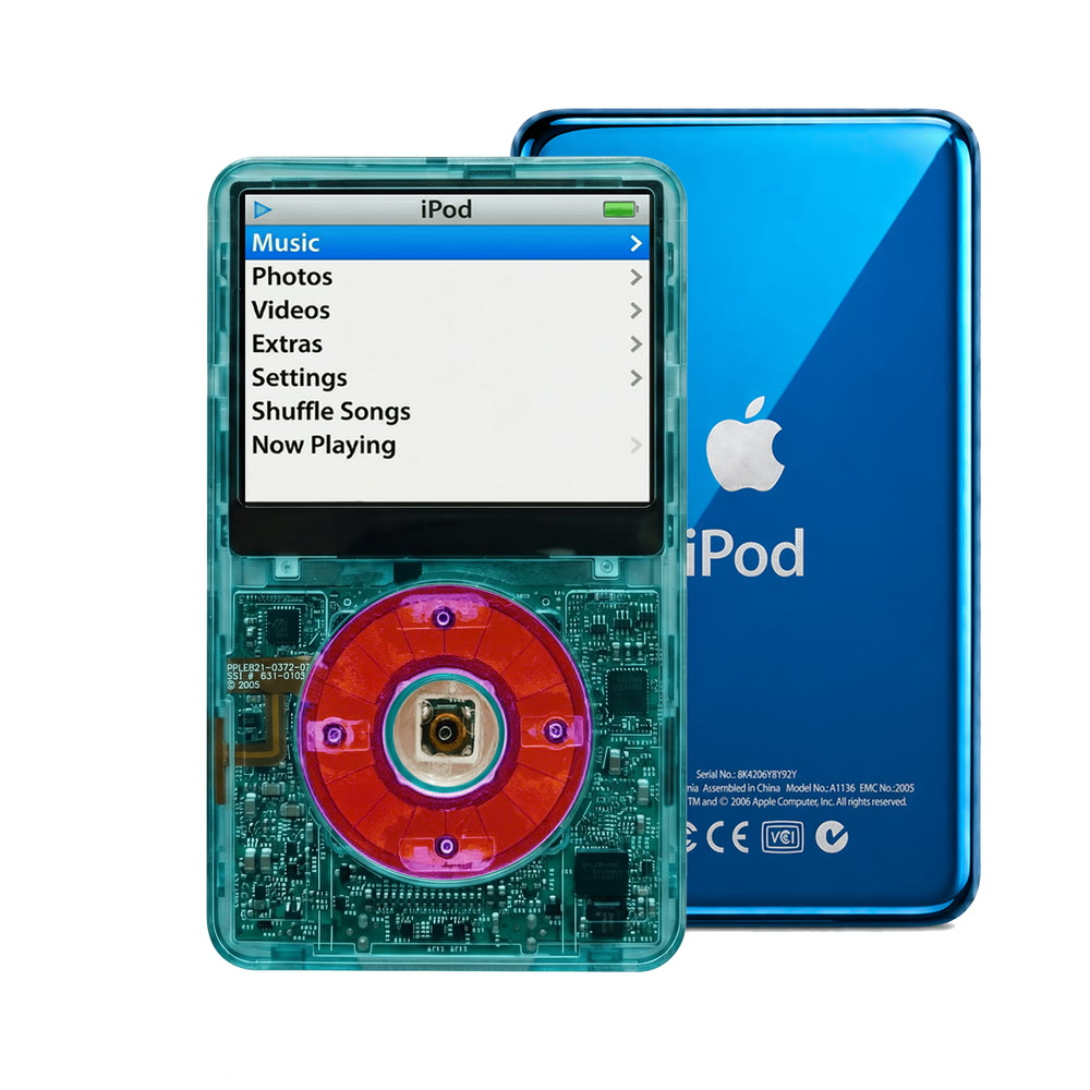 Clear Blue refurbished iPod Video 5.5 Gen with Clear Purple click wheel and Blue back plate