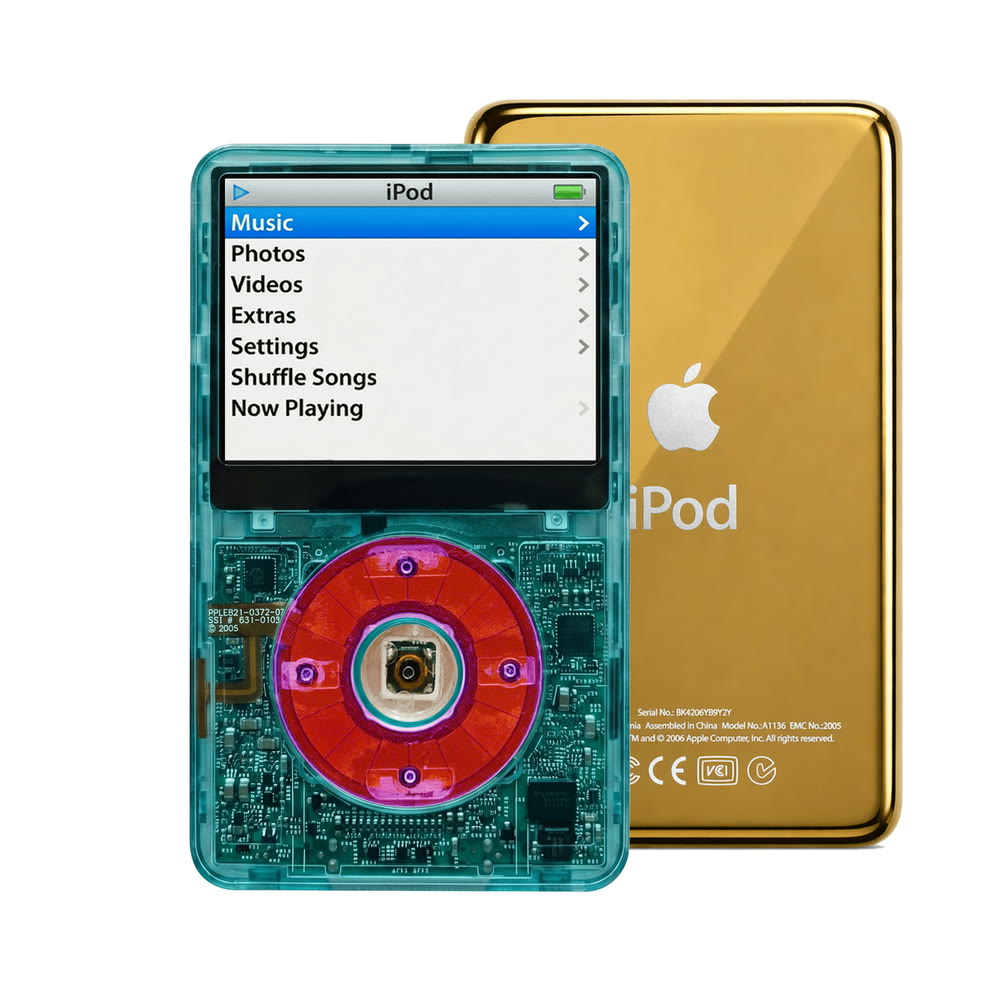 Clear Blue refurbished iPod Video 5.5 Gen with Clear Purple click wheel and Gold back plate