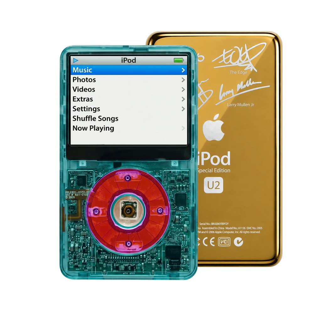 Clear Blue refurbished iPod Video 5.5 Gen with Clear Purple click wheel and Gold U2 back plate