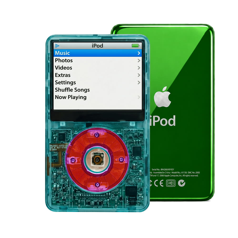 Clear Blue refurbished iPod Video 5.5 Gen with Clear Purple click wheel and Green back plate