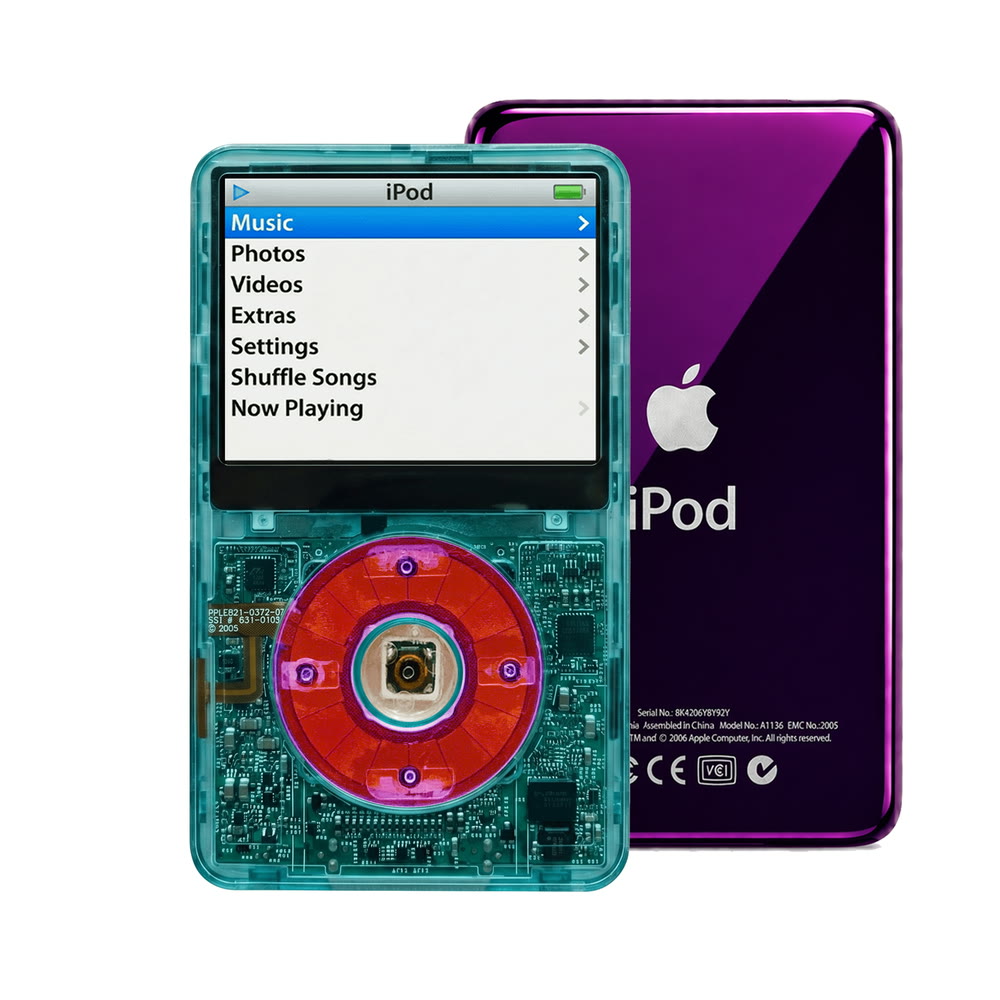 Clear Blue refurbished iPod Video 5.5 Gen with Clear Purple click wheel and Purple back plate