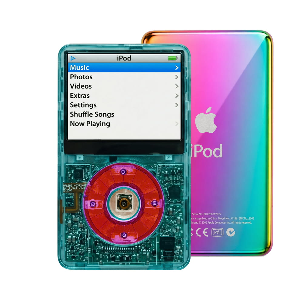 Clear Blue refurbished iPod Video 5.5 Gen with Clear Purple click wheel and Rainbow back plate