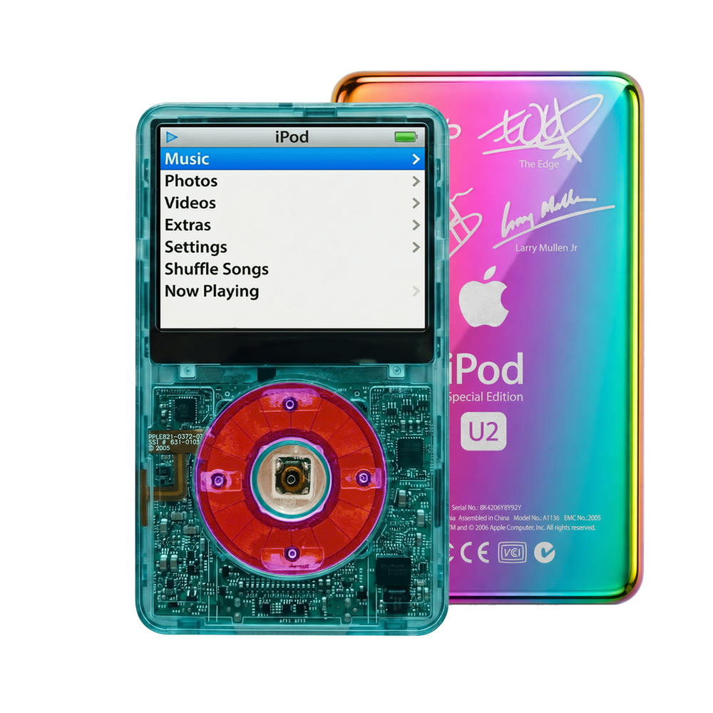 Clear Blue refurbished iPod Video 5.5 Gen with Clear Purple click wheel and Rainbow U2 back plate