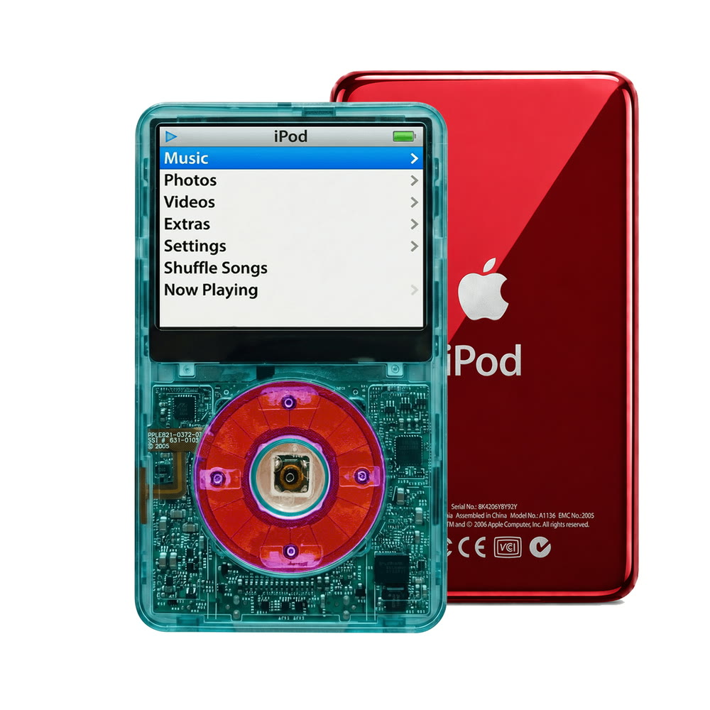 Clear Blue refurbished iPod Video 5.5 Gen with Clear Purple click wheel and Red back plate