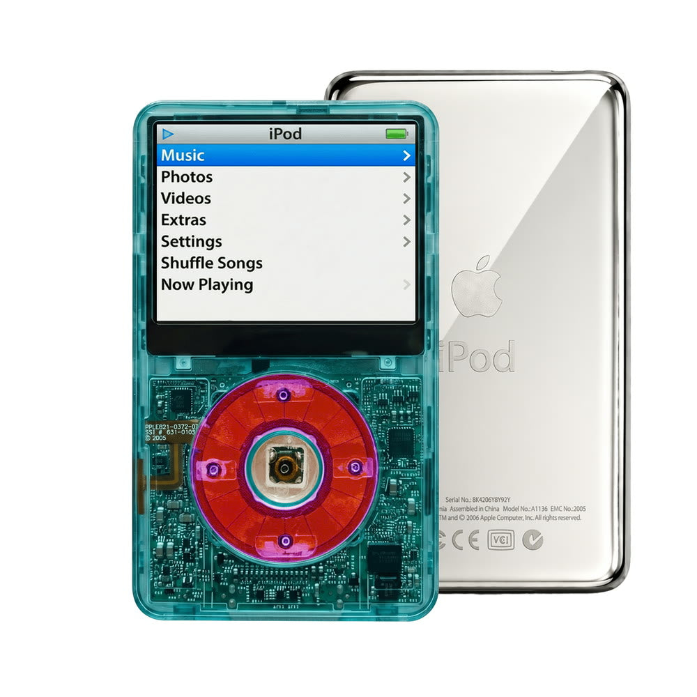 Clear Blue refurbished iPod Video 5.5 Gen with Clear Purple click wheel and Silver back plate