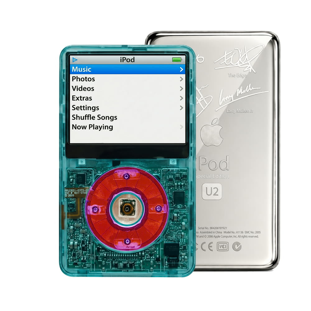Clear Blue refurbished iPod Video 5.5 Gen with Clear Purple click wheel and Silver U2 back plate