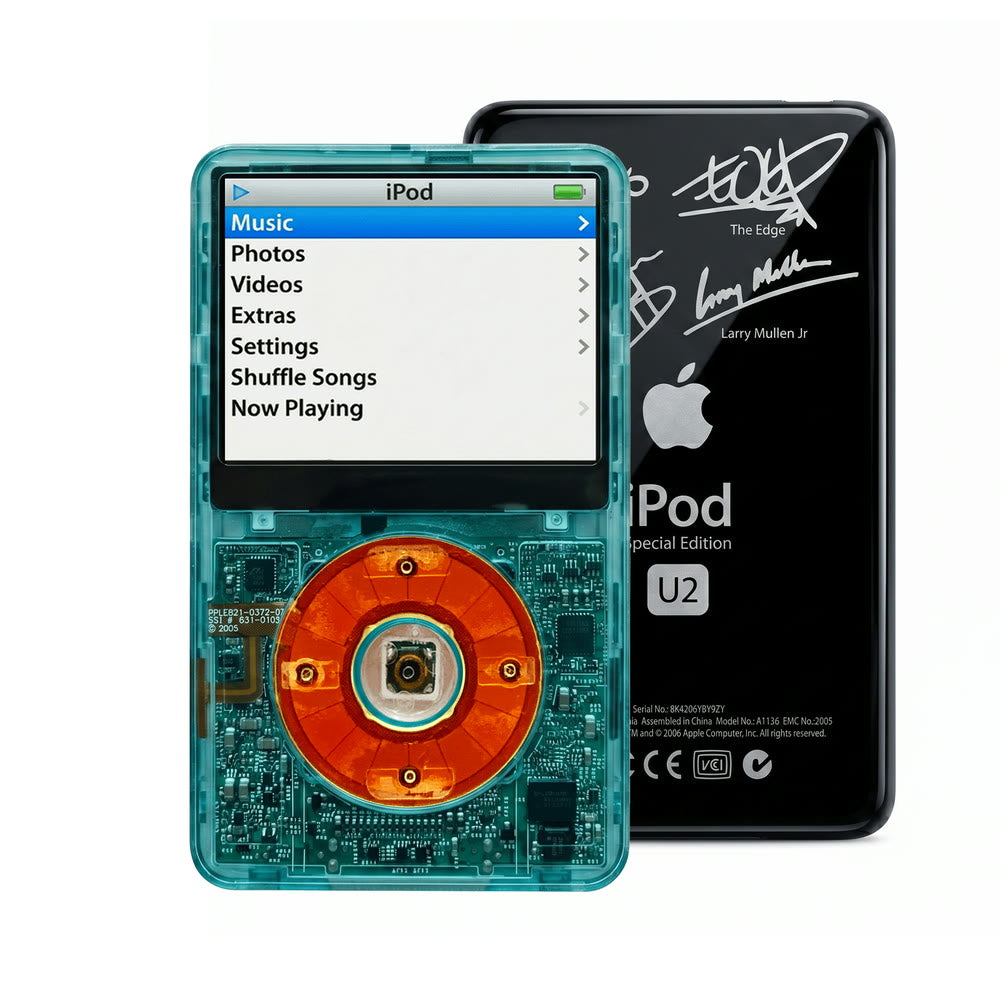 Clear Blue refurbished iPod Video 5.5 Gen with Clear Red click wheel and Black U2 back plate