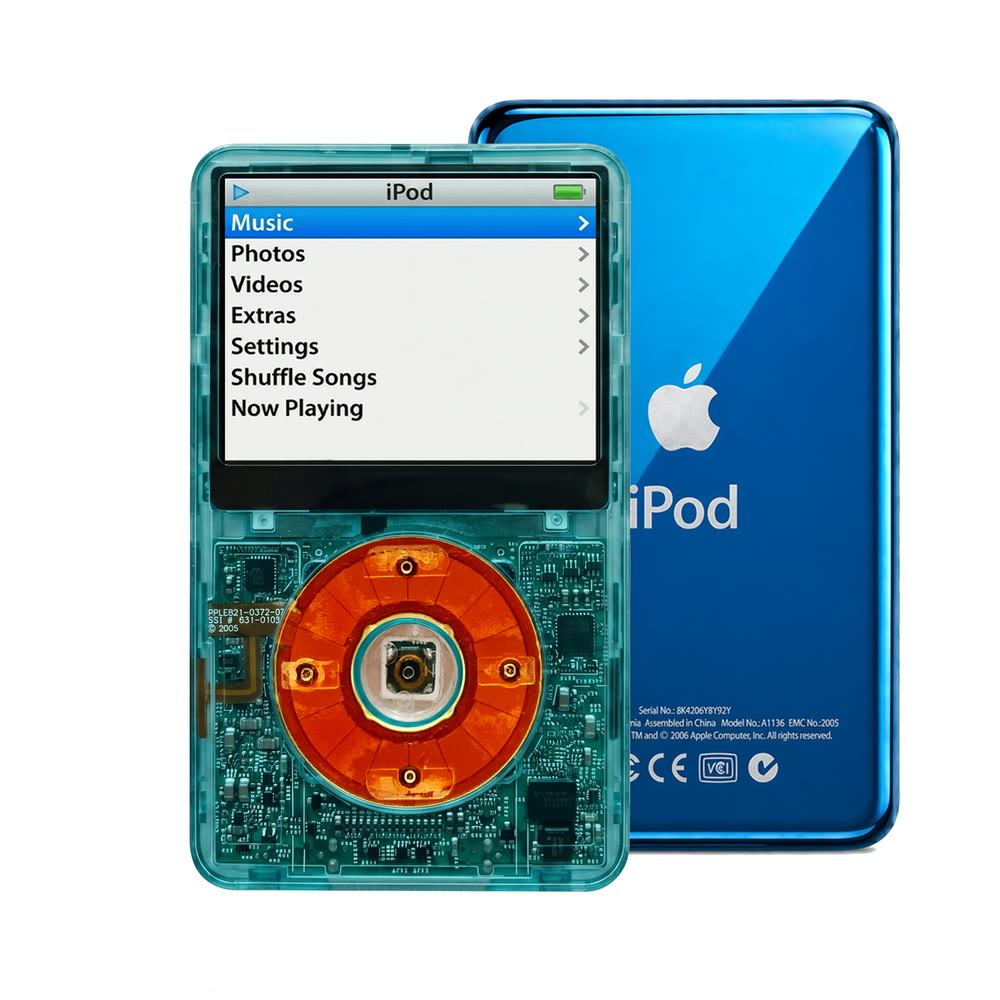 Clear Blue refurbished iPod Video 5.5 Gen with Clear Red click wheel and Blue back plate