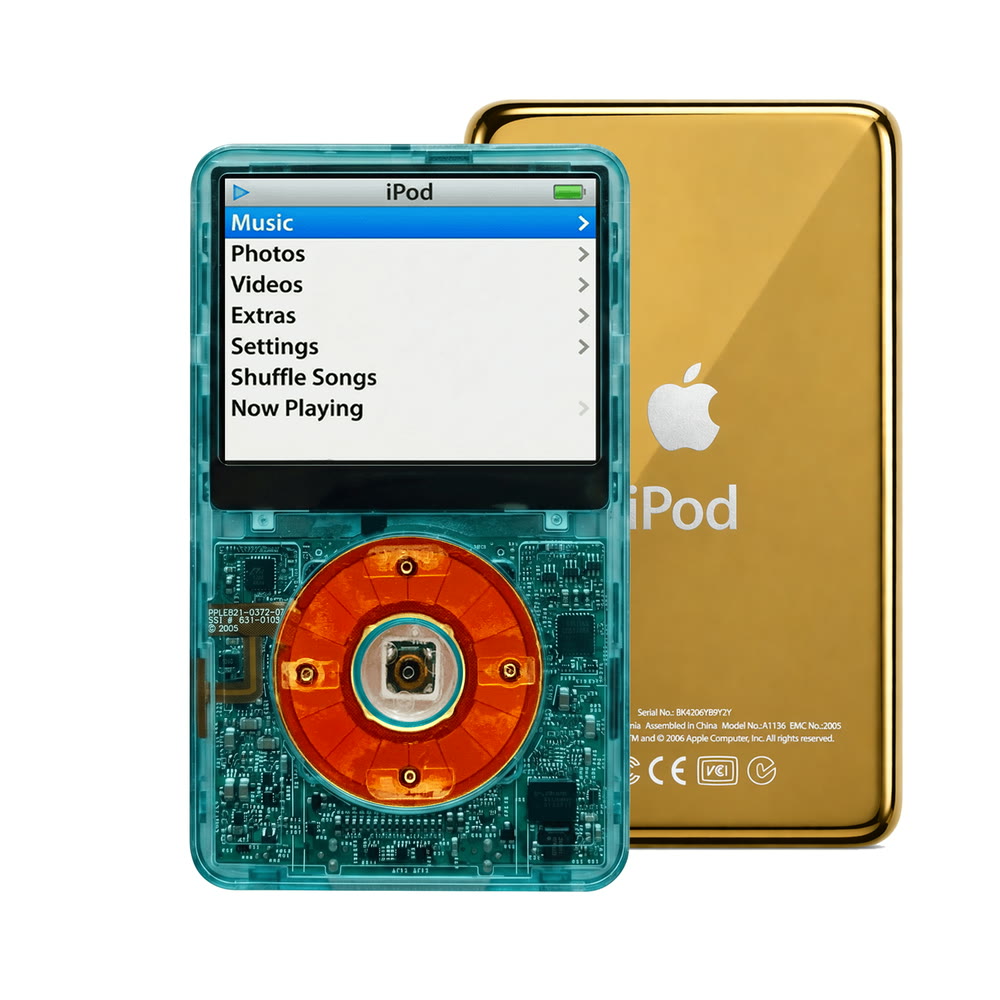 Clear Blue refurbished iPod Video 5.5 Gen with Clear Red click wheel and Gold back plate