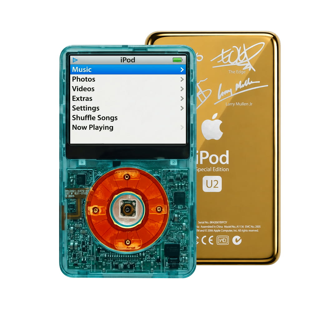 Clear Blue refurbished iPod Video 5.5 Gen with Clear Red click wheel and Gold U2 back plate