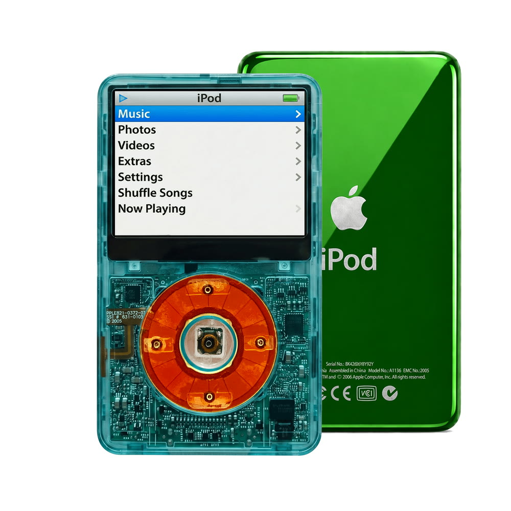 Clear Blue refurbished iPod Video 5.5 Gen with Clear Red click wheel and Green back plate
