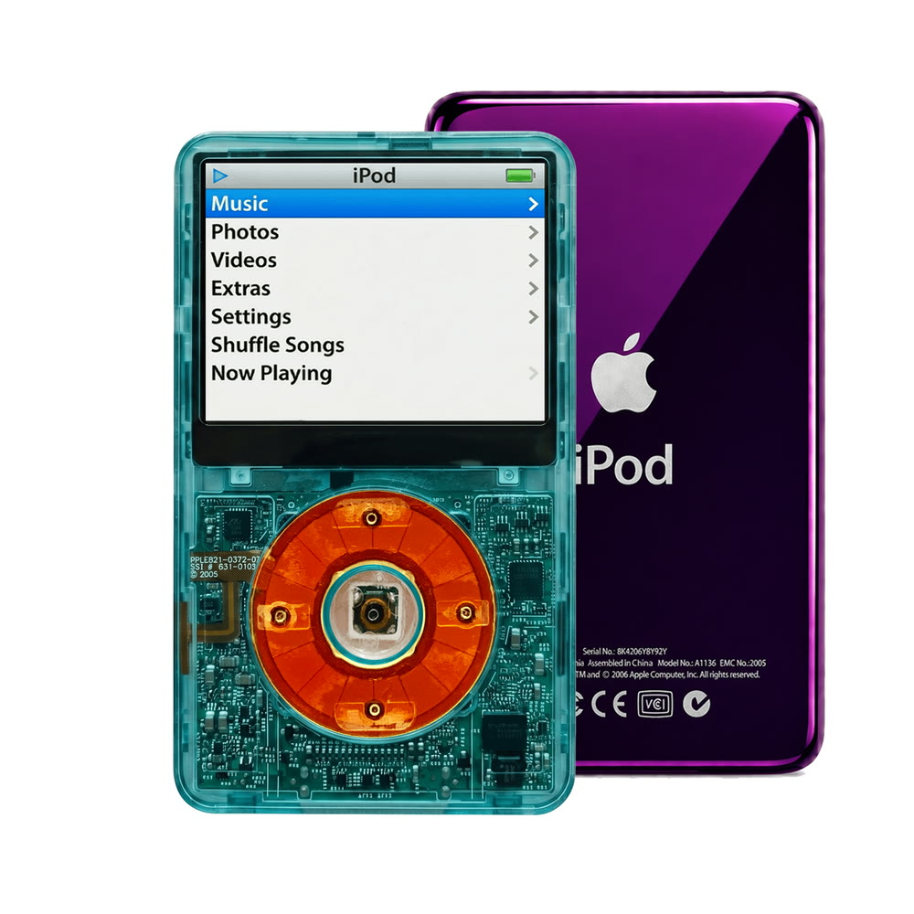 Clear Blue refurbished iPod Video 5.5 Gen with Clear Red click wheel and Purple back plate