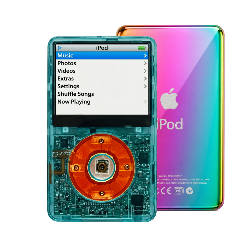Clear Blue refurbished iPod Video 5.5 Gen with Clear Red click wheel and Rainbow back plate