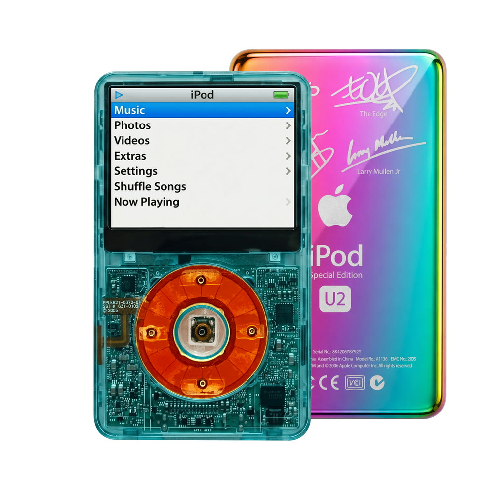 Clear Blue refurbished iPod Video 5.5 Gen with Clear Red click wheel and Rainbow U2 back plate