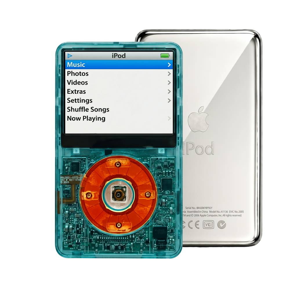 Clear Blue refurbished iPod Video 5.5 Gen with Clear Red click wheel and Silver back plate