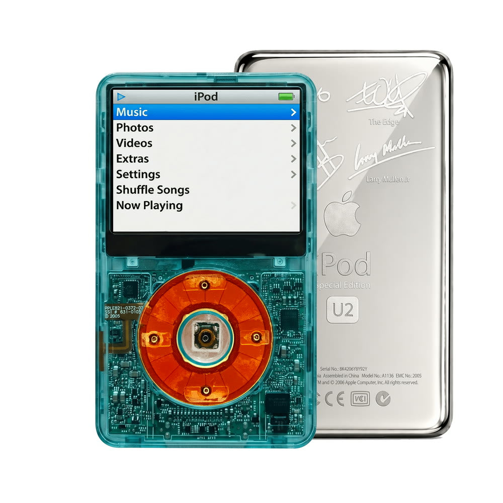 Clear Blue refurbished iPod Video 5.5 Gen with Clear Red click wheel and Silver U2 back plate