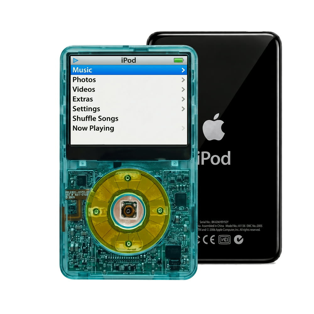 Clear Blue refurbished iPod Video 5.5 Gen with Clear Silver Green click wheel and Black back plate