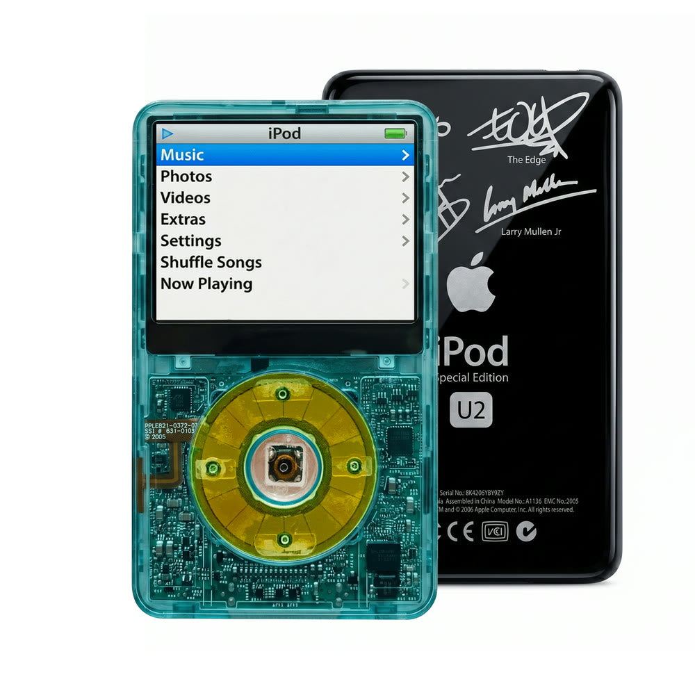 Clear Blue refurbished iPod Video 5.5 Gen with Clear Silver Green click wheel and Black U2 back plate