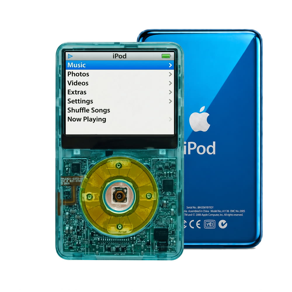Clear Blue refurbished iPod Video 5.5 Gen with Clear Silver Green click wheel and Blue back plate