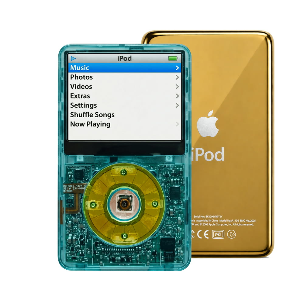 Clear Blue refurbished iPod Video 5.5 Gen with Clear Silver Green click wheel and Gold back plate