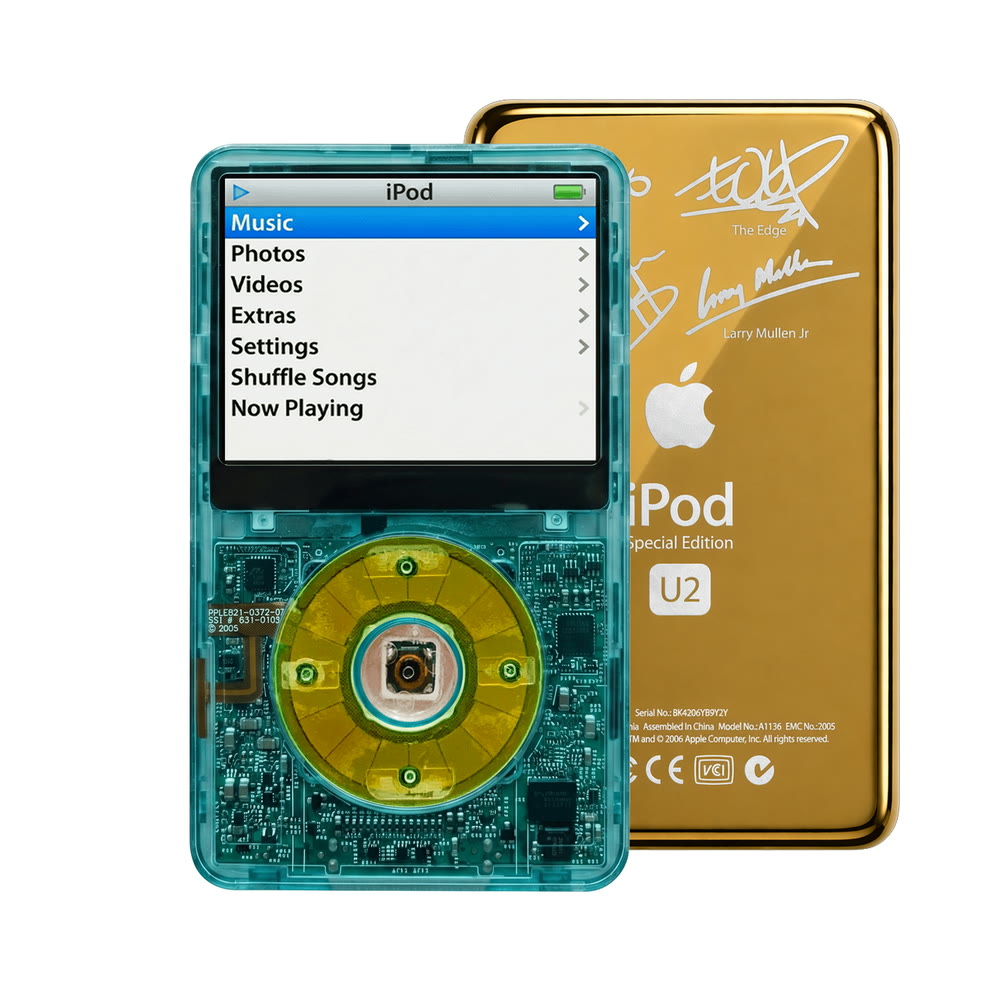 Clear Blue refurbished iPod Video 5.5 Gen with Clear Silver Green click wheel and Gold U2 back plate