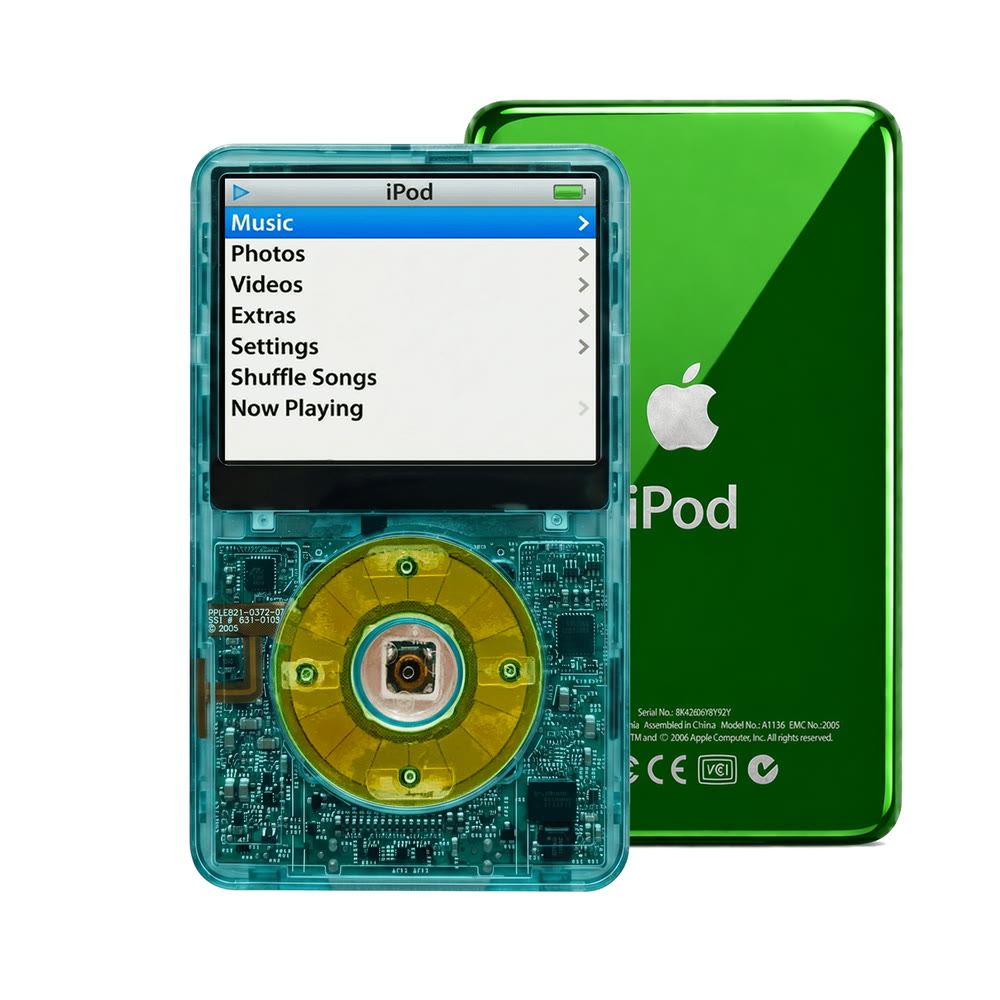 Clear Blue refurbished iPod Video 5.5 Gen with Clear Silver Green click wheel and Green back plate