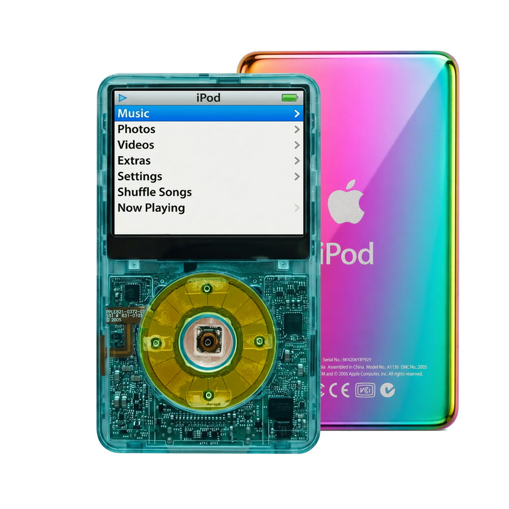 Clear Blue refurbished iPod Video 5.5 Gen with Clear Silver Green click wheel and Rainbow back plate