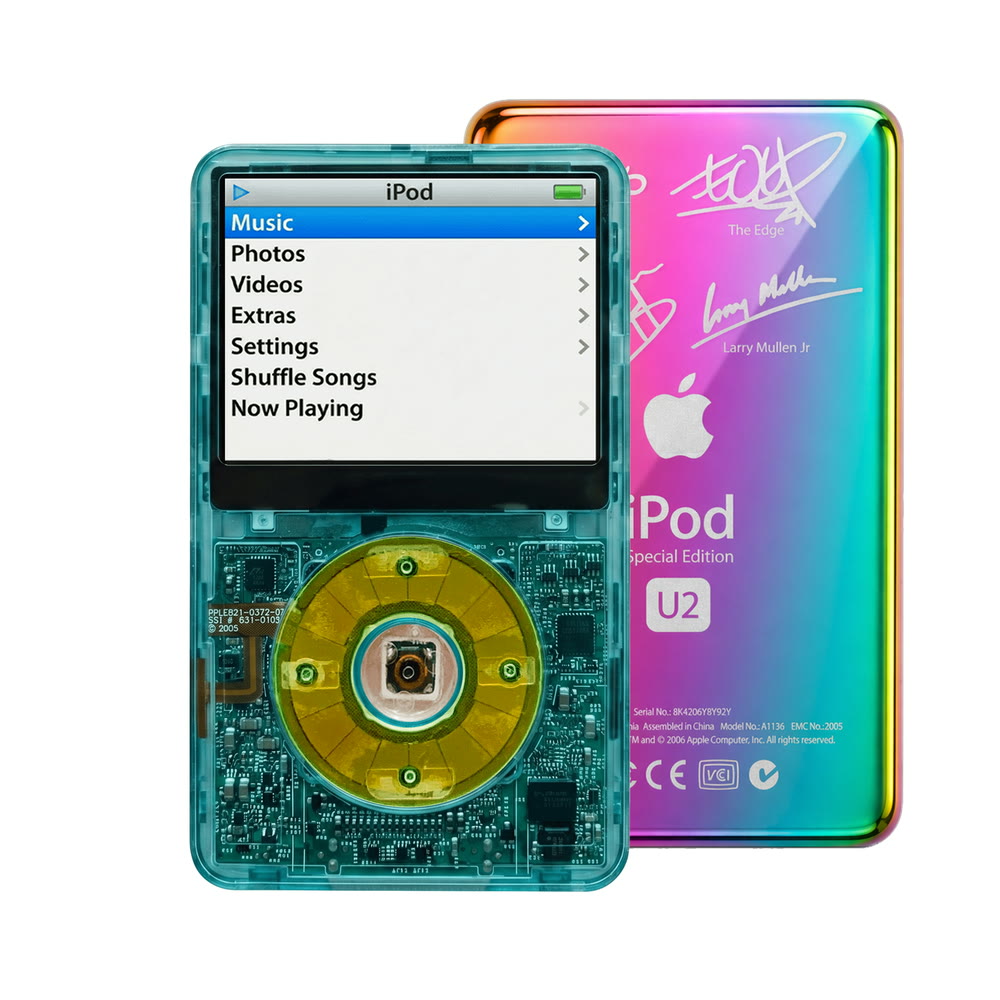 Clear Blue refurbished iPod Video 5.5 Gen with Clear Silver Green click wheel and Rainbow U2 back plate