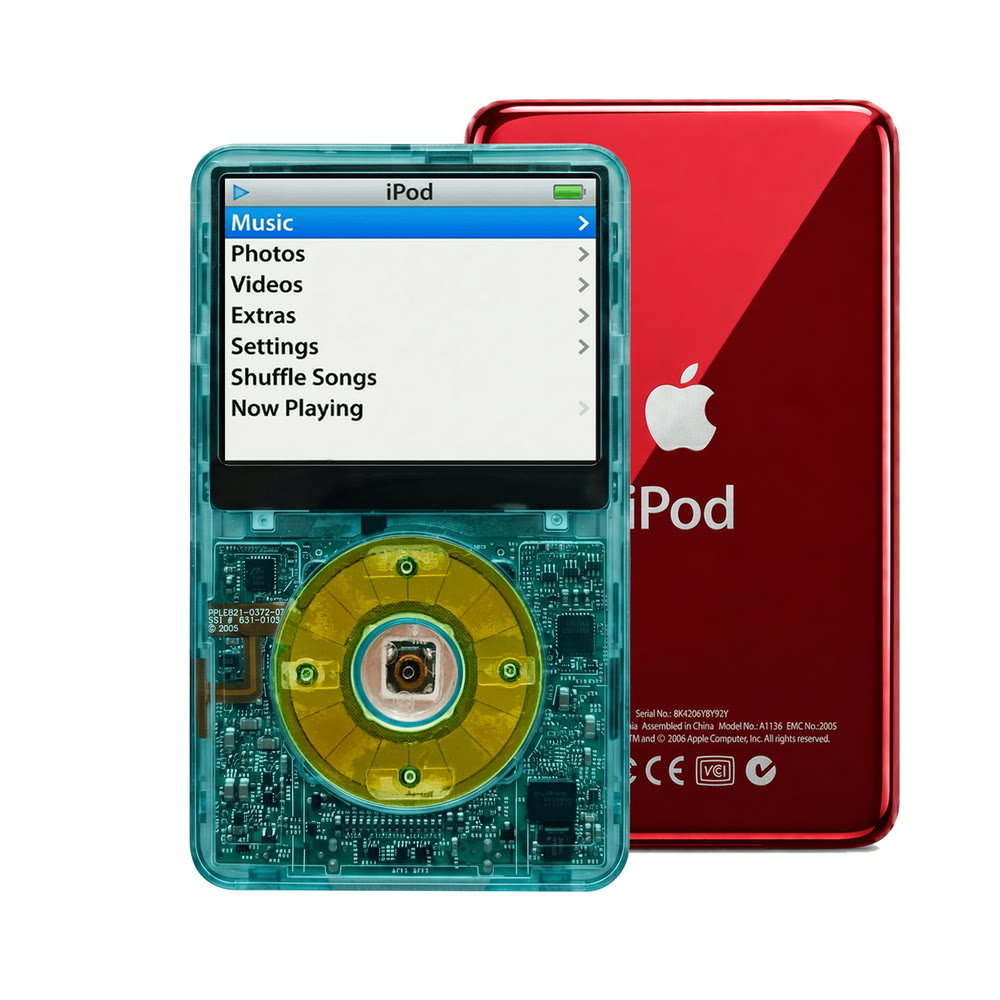 Clear Blue refurbished iPod Video 5.5 Gen with Clear Silver Green click wheel and Red back plate