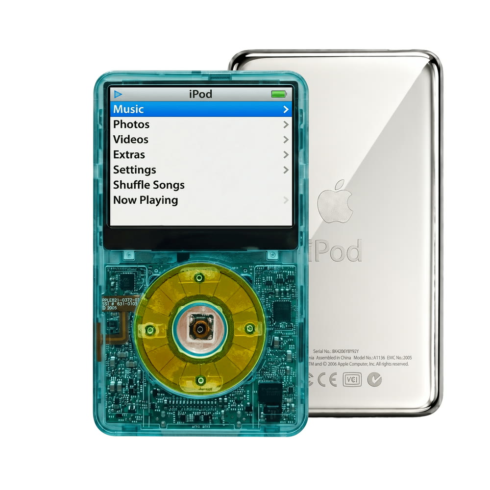 Clear Blue refurbished iPod Video 5.5 Gen with Clear Silver Green click wheel and Silver back plate