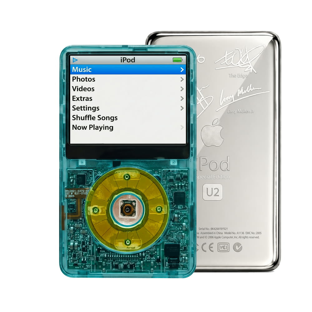 Clear Blue refurbished iPod Video 5.5 Gen with Clear Silver Green click wheel and Silver U2 back plate