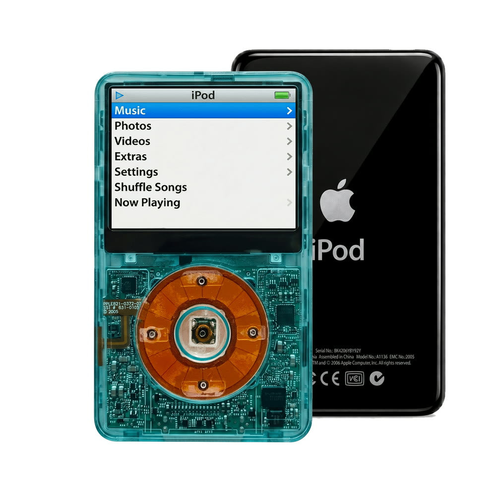 Clear Blue refurbished iPod Video 5.5 Gen with Clear Yellow click wheel and Black back plate