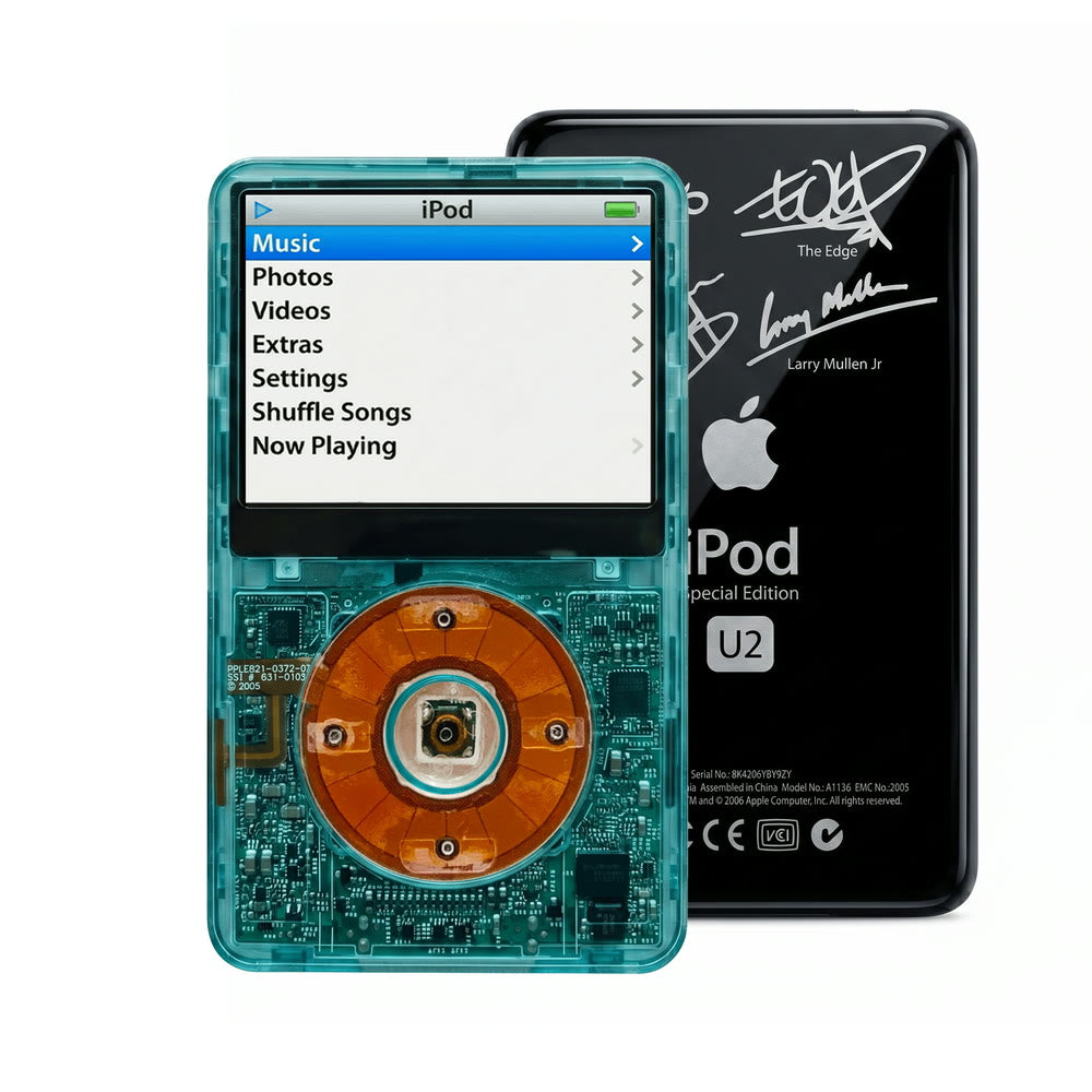 Clear Blue refurbished iPod Video 5.5 Gen with Clear Yellow click wheel and Black U2 back plate