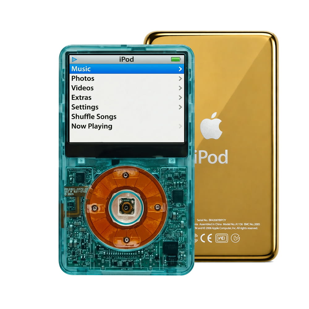 Clear Blue refurbished iPod Video 5.5 Gen with Clear Yellow click wheel and Gold back plate