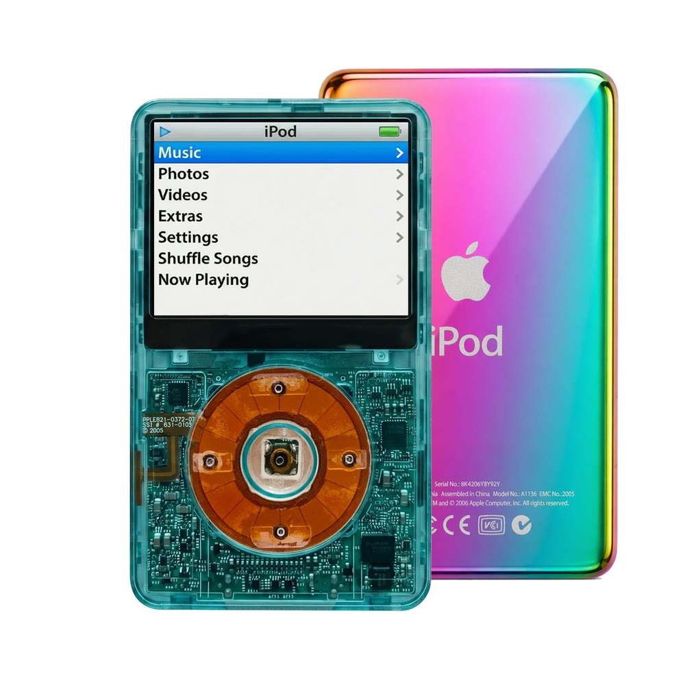 Clear Blue refurbished iPod Video 5.5 Gen with Clear Yellow click wheel and Rainbow back plate