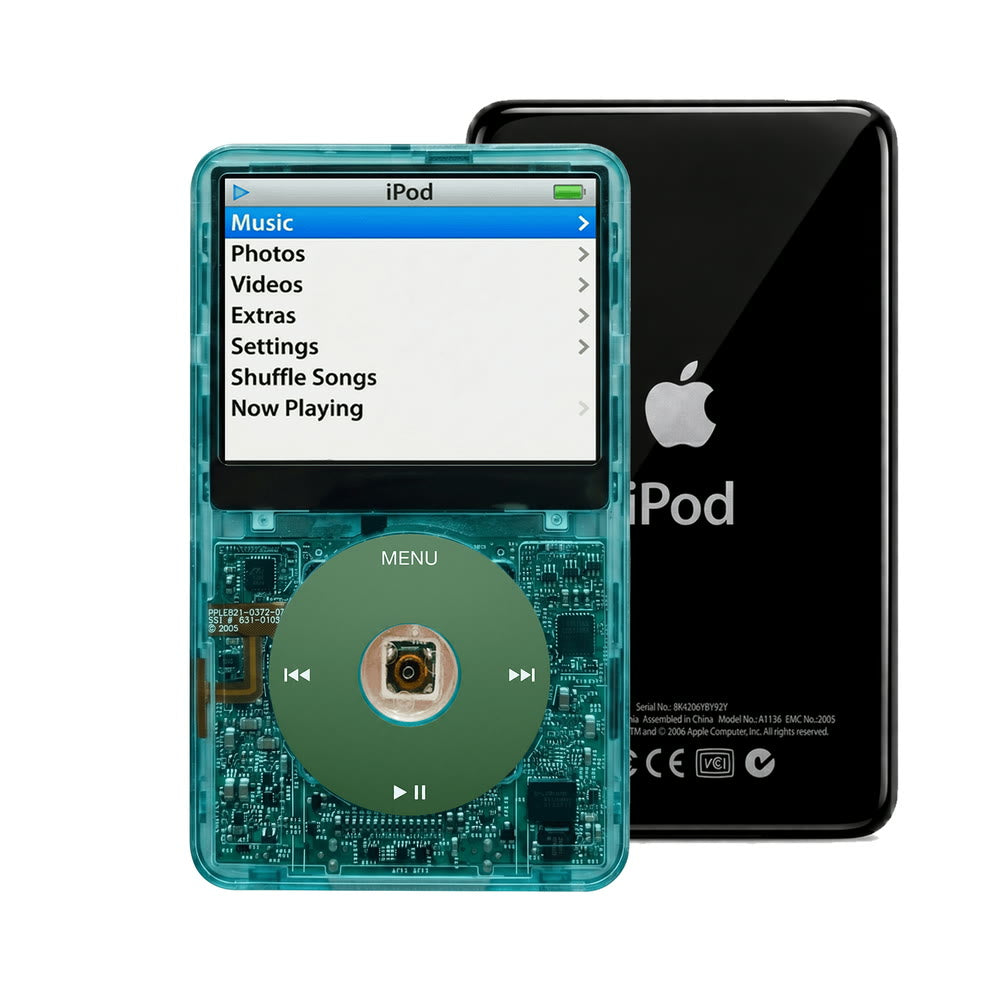 Clear Blue refurbished iPod Video 5.5 Gen with Green click wheel and Black back plate