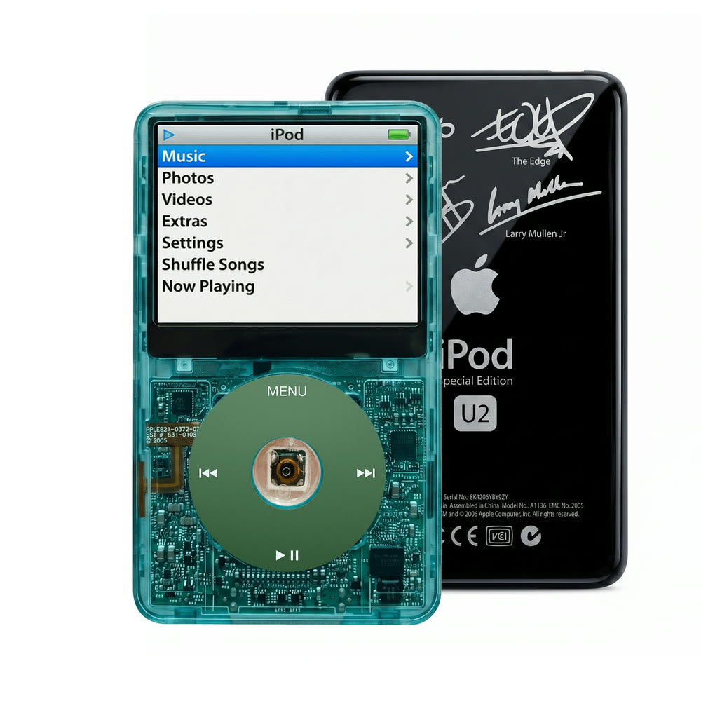 Clear Blue refurbished iPod Video 5.5 Gen with Green click wheel and Black U2 back plate