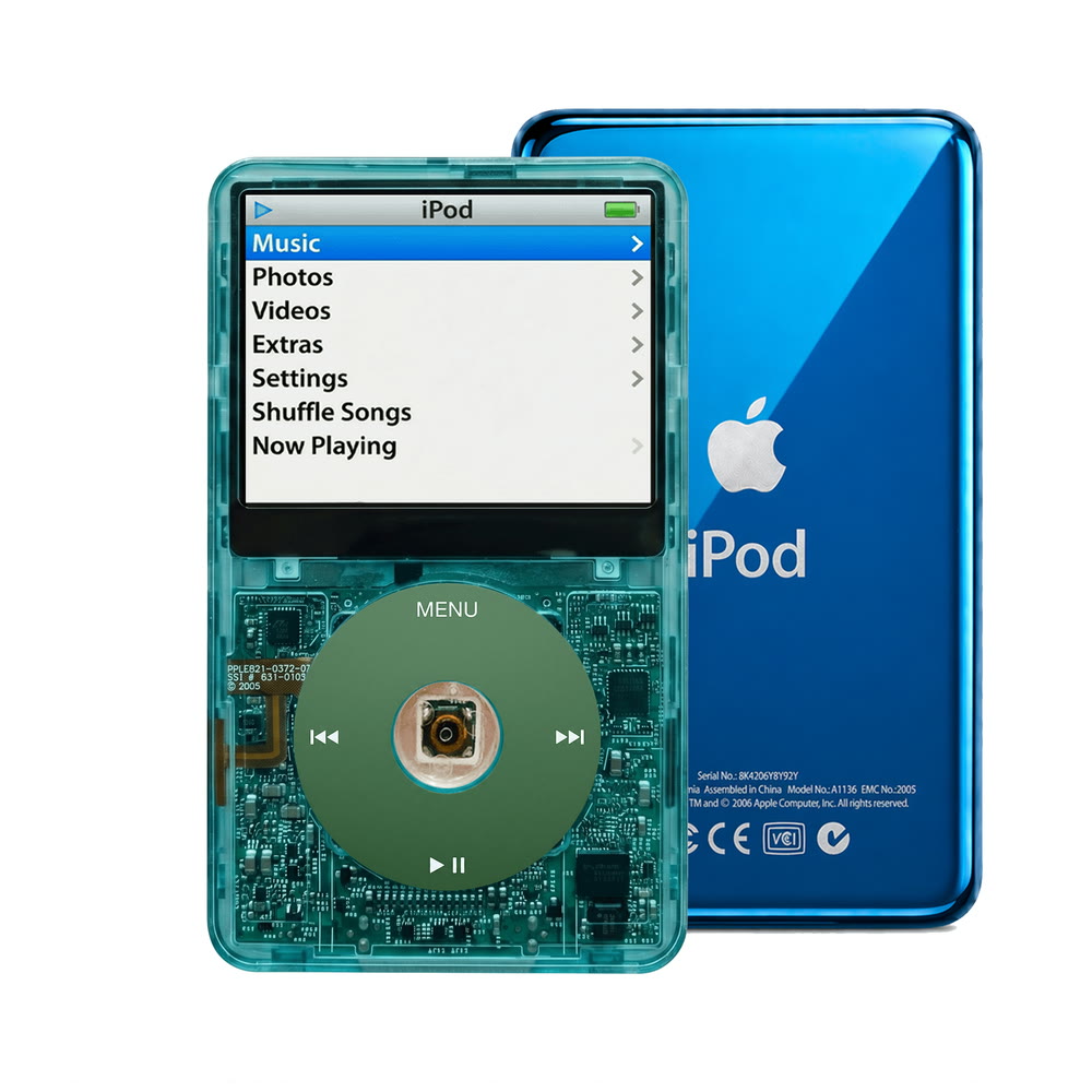 Clear Blue refurbished iPod Video 5.5 Gen with Green click wheel and Blue back plate