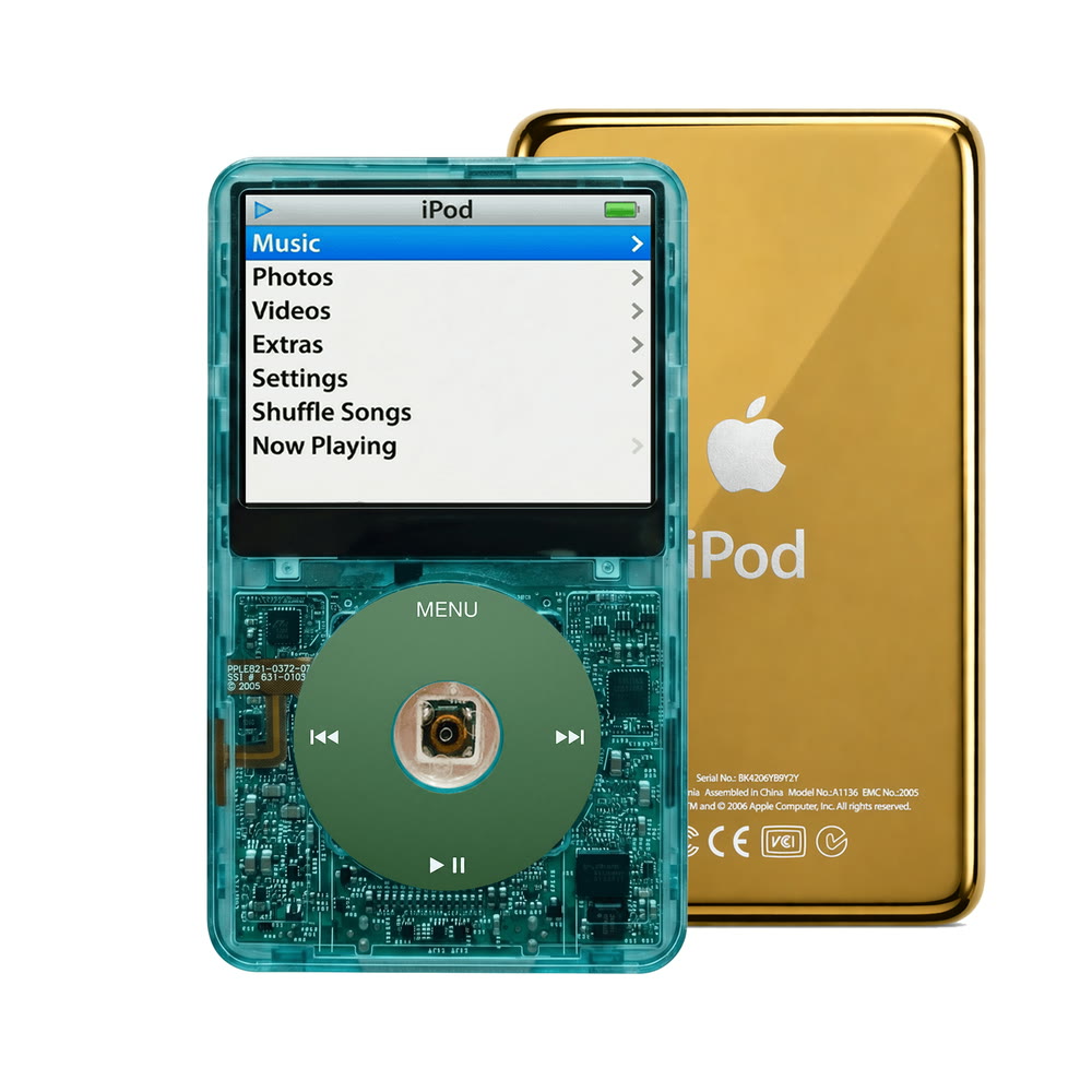 Clear Blue refurbished iPod Video 5.5 Gen with Green click wheel and Gold back plate