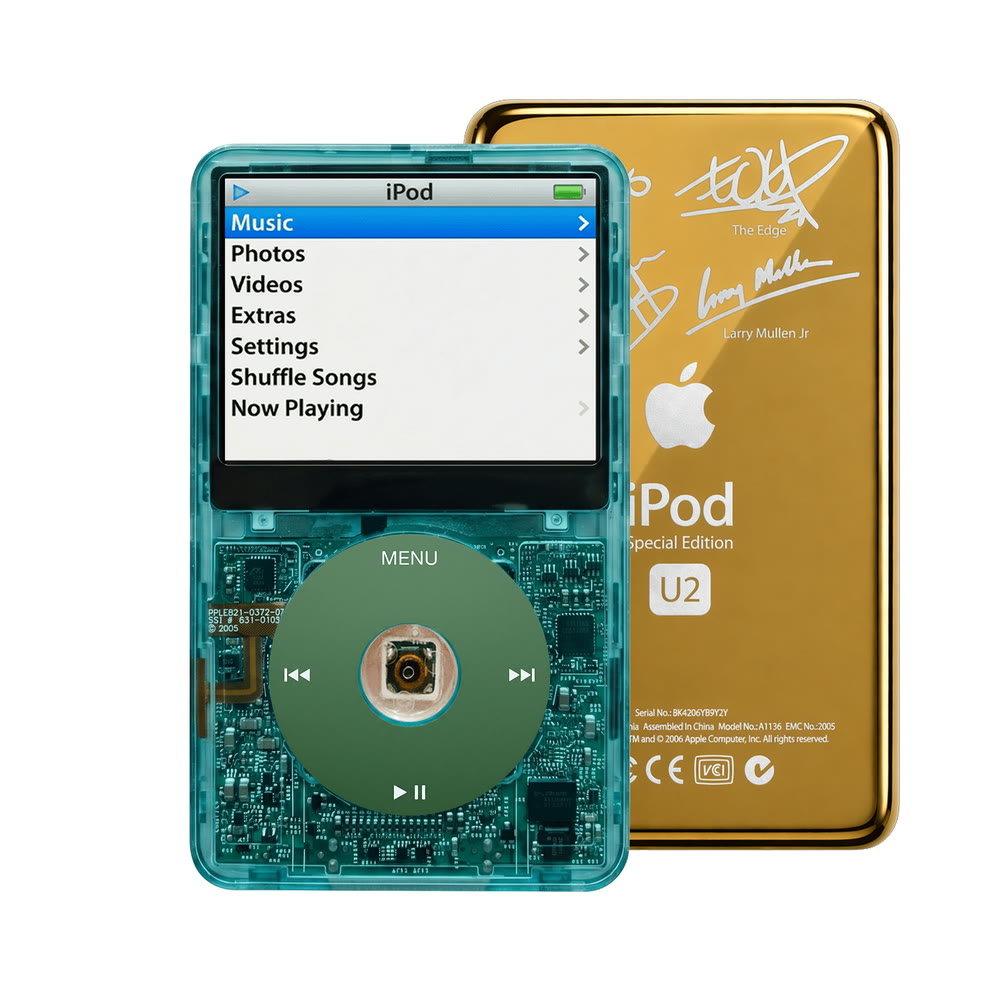Clear Blue refurbished iPod Video 5.5 Gen with Green click wheel and Gold U2 back plate