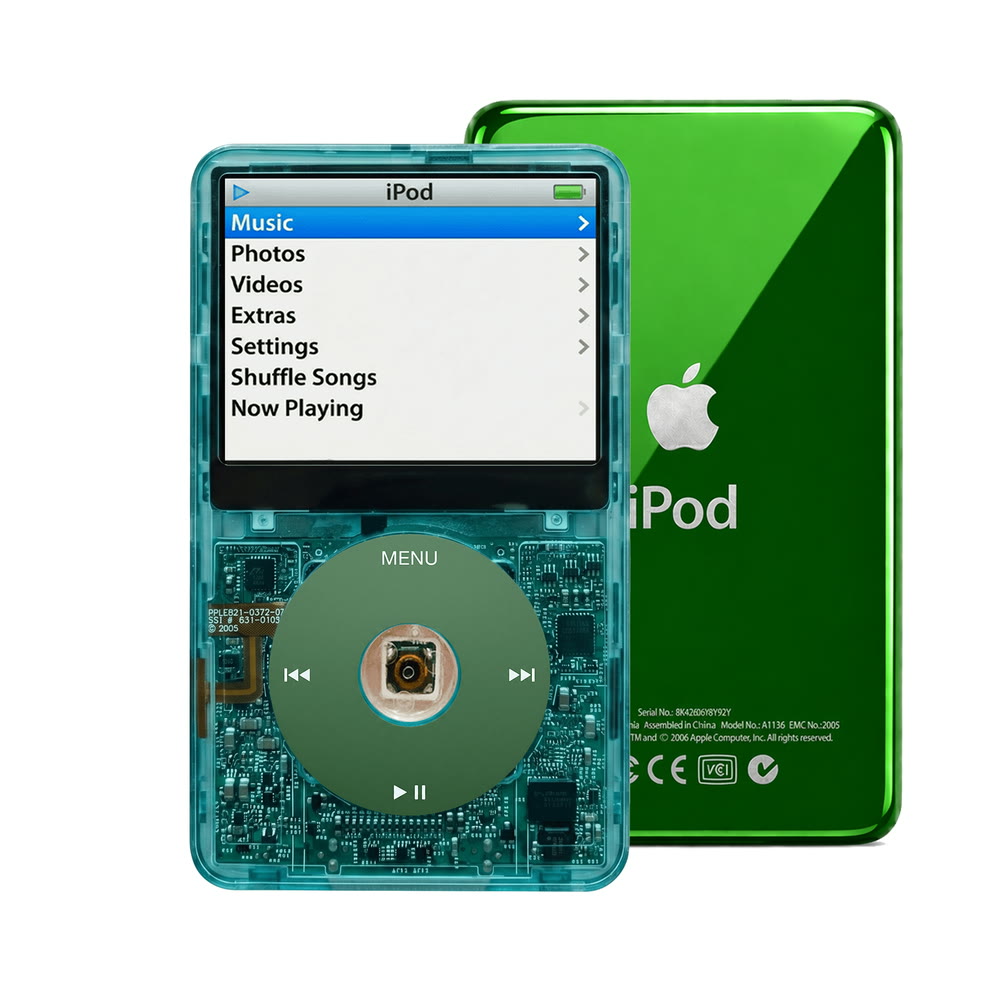Clear Blue refurbished iPod Video 5.5 Gen with Green click wheel and Green back plate
