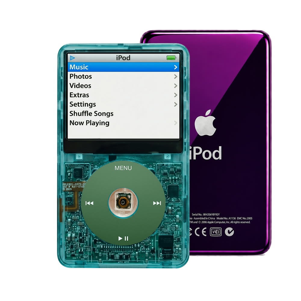 Clear Blue refurbished iPod Video 5.5 Gen with Green click wheel and Purple back plate
