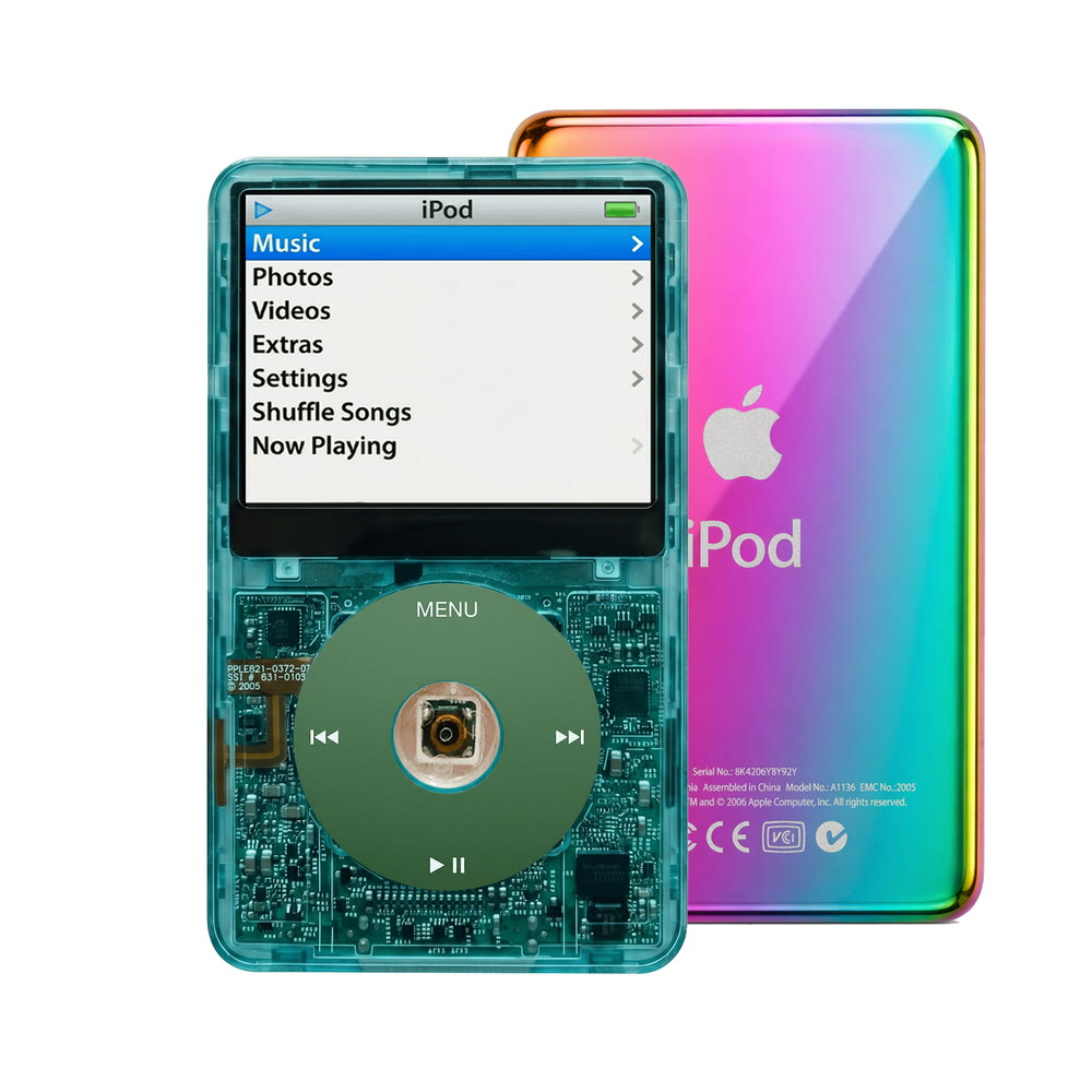 Clear Blue refurbished iPod Video 5.5 Gen with Green click wheel and Rainbow back plate
