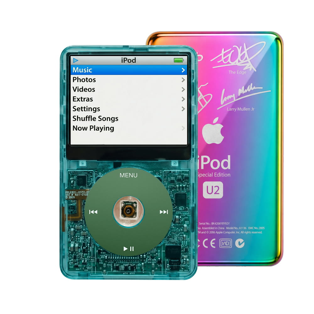 Clear Blue refurbished iPod Video 5.5 Gen with Green click wheel and Rainbow U2 back plate